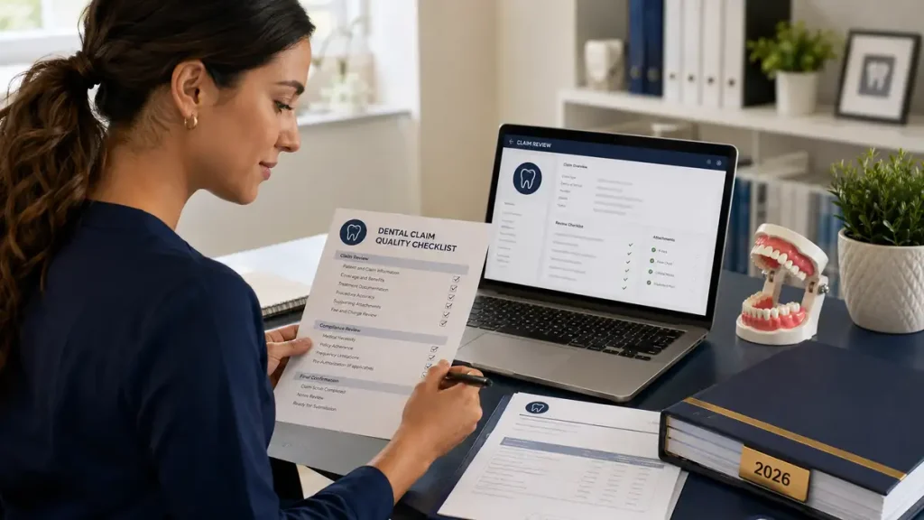 Dental coding specialist reviewing a CDT 2026 dental claim checklist
