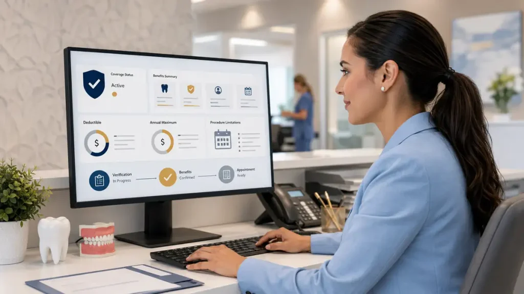 Dental insurance verification workflow showing a dental office coordinator reviewing patient eligibility and benefits